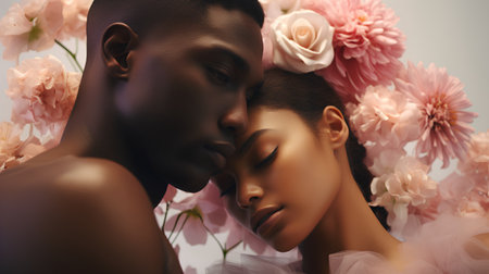 African american woman kissing african american man with flowers on backgroundの素材