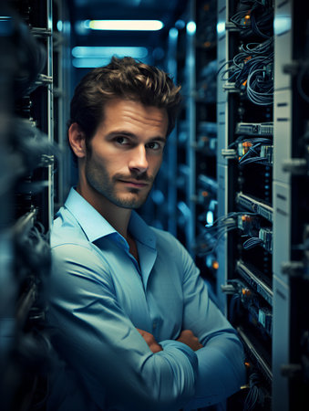Portrait of handsome young man in datacenter server room.の素材