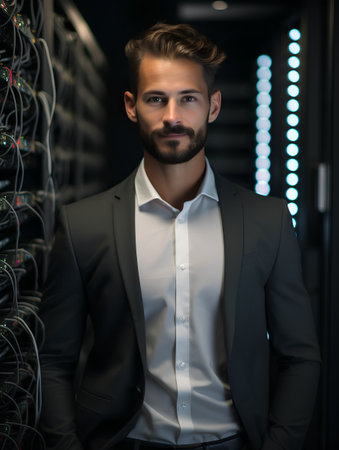 Handsome young businessman working in datacenter server room.の素材
