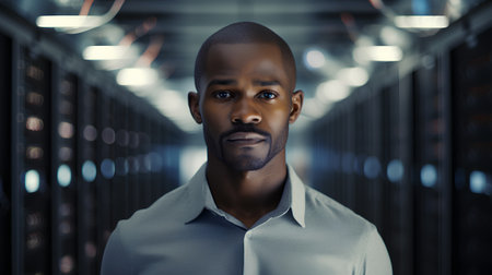 Portrait of a handsome young African-American man in a server room.の素材
