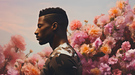 African american man in military jacket among flowers. Fashion and beauty concept.の素材