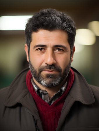 Portrait of a bearded man in a black jacket and red scarf.の素材