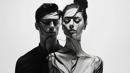 3d illustration of a man and a woman combined with an abstract patternの素材