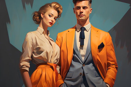 Portrait of a beautiful fashion couple in stylish clothes. Retro style.の素材