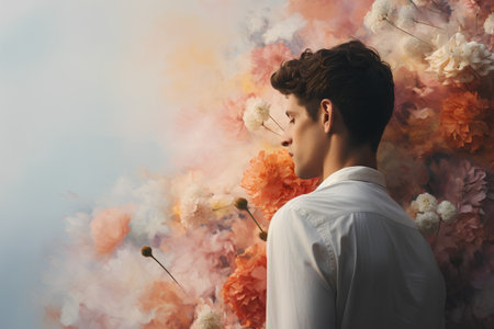 Side view of a handsome young man in a white shirt standing against a floral background.の素材