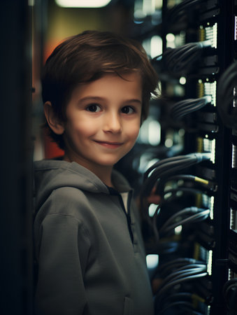 Portrait of a little boy in a datacenter server room.の素材