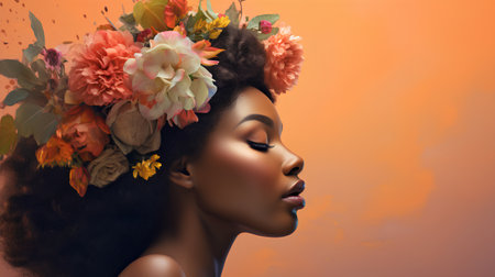 Beauty portrait of african american woman with afro hairstyle and flowers.の素材