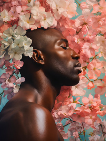 Portrait of a beautiful african american woman with flowers.の素材