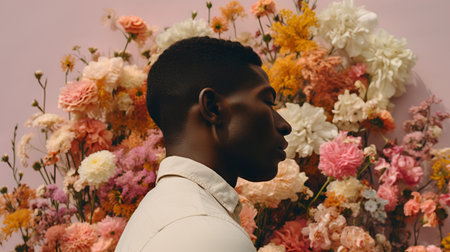 side view of african american man looking away near flowers on pinkの素材