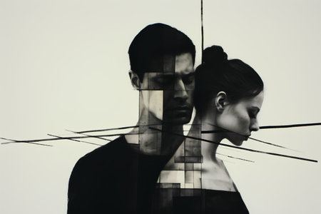 Double exposure portrait of young man and woman in front of a wallの素材