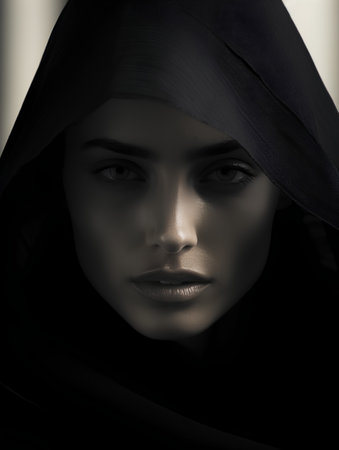 Close-up portrait of a beautiful woman in a black hood.の素材
