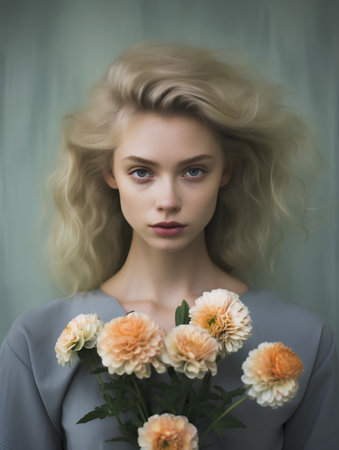 Portrait of a beautiful blonde girl with a bouquet of flowersの素材