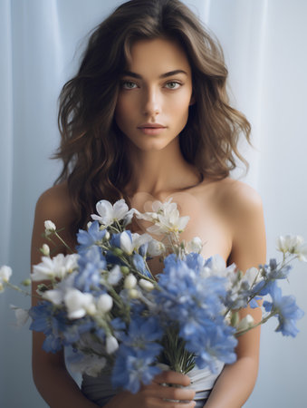 Portrait of beautiful young woman with bouquet of blue flowers.の素材