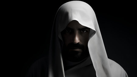 Portrait of a man in a white robe. Black background.の素材