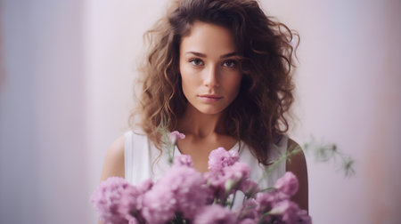 Portrait of beautiful young woman with bouquet of flowers indoors.の素材