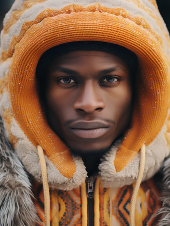 Close up portrait of young african american man in winter clothes.の素材