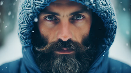 handsome bearded man with long beard and mustache on serious face in blue winter coat outdoor on cold snowy dayの素材
