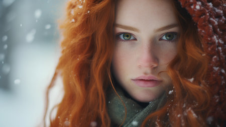 Portrait of beautiful red-haired girl with freckles on her face in winter parkの素材