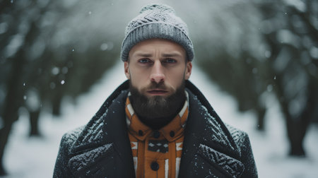 Portrait of a bearded man in a coat and hat in the winter forest.の素材