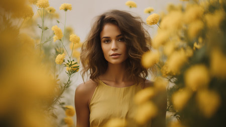Portrait of a beautiful young woman in yellow dress among yellow flowersの素材