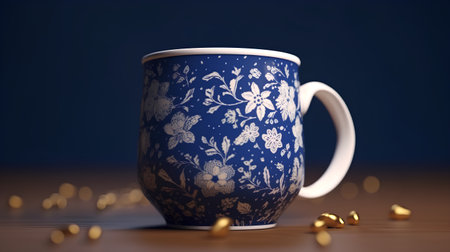 3d render of a blue cup for tea with a floral patternの素材