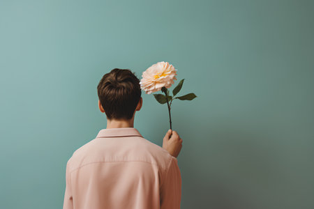 back view of young man holding white rose on turquoise backgroundの素材