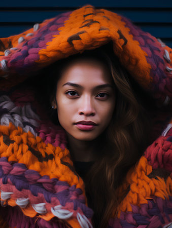 young beautiful girl wrapped in a warm plaid, portrait close upの素材