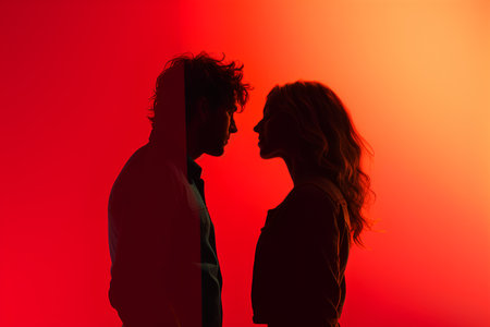 Silhouette of a man and woman on a red background.の素材