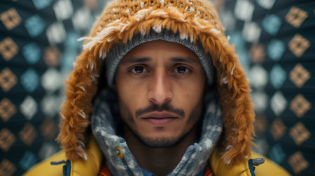 Portrait of a man in a yellow jacket, hat and scarfの素材