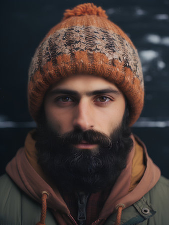 Portrait of a bearded man in a warm hat and scarf.の素材
