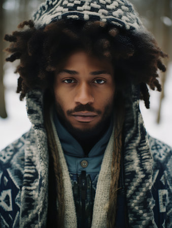 Portrait of a handsome african american man in winter forestの素材
