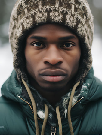 Close up portrait of young african american man in winter clothes.の素材