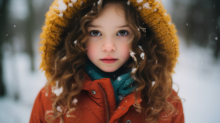 Portrait of a little girl in a hat and scarf in the winter forestの素材