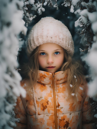 Portrait of a beautiful little girl in the winter forest. Winter fashion.の素材