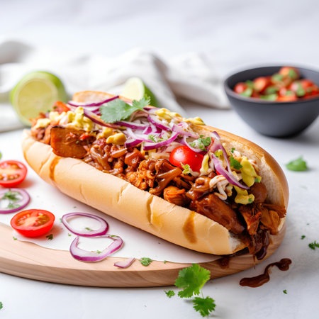 Homemade hot dog with chicken, mushrooms and vegetables on a white background.の素材