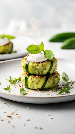 Zucchini patties with feta cheese and herbs on a white plateの素材