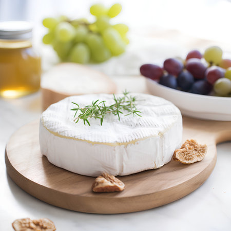 Camembert cheese with grapes and honey on a white background.の素材