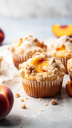Homemade peach muffins with fresh peaches, selective focus imageの素材