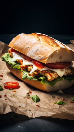 Ciabatta sandwich with mozzarella, tomatoes and basil on a dark backgroundの素材