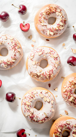 Donuts with white glaze and red cherries on a white backgroundの素材