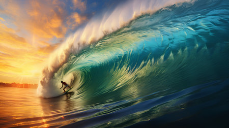 Surfer on Blue Ocean Wave at Sunset. 3D Renderingの素材