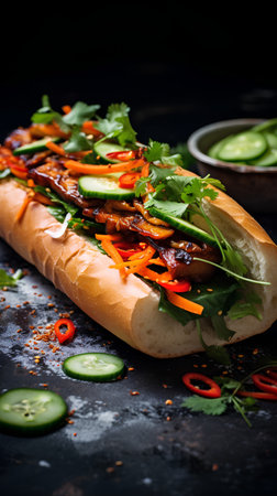 Tasty hot dog with grilled meat and vegetables on a black backgroundの素材