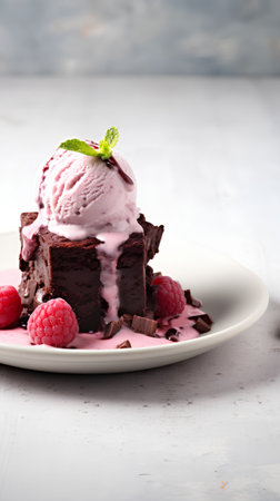 Chocolate brownies with raspberry ice cream and mint, selective focus.の素材
