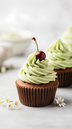 Cupcake with cherry on white background, selective focus. Copy space.の素材