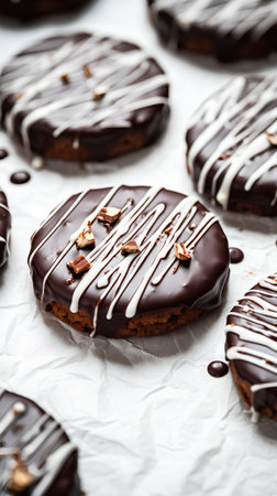Chocolate cookies with chocolate glaze on a white paper, squareの素材