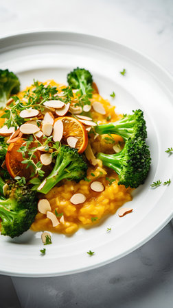 Risotto with pumpkin, broccoli and almonds. Healthy food concept.の素材