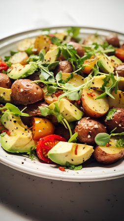 Salad with potatoes, avocado, cherry tomatoes and arugula. Healthy food concept.の素材
