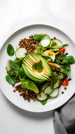 Healthy salad with lentils, avocado, cucumber and spinach.の素材