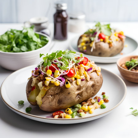 Baked potato with corn, cheese and vegetables on a white backgroundの素材
