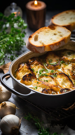 Baked champignons with cream and herbs in a frying panの素材